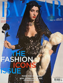 Harper's Bazaar Germany Magazine cover featuring a fashion model in a black lace dress holding a black rose and plush white bears against a blue backdrop