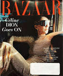 Harper's Bazaar Magazine cover featuring Celine Dion in glamorous sunglasses and metallic fashion with bold red typography and celebrity fashion headlines