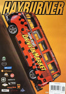 Hayburner Magazine cover featuring a tilted red custom van with black flames against a bold yellow orange background with sponsor logos and issue label