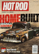 Hot Rod Magazine cover featuring a weathered vintage pickup truck with bold Hot Rod lettering and headlines about homebuilt performance and tour coverage