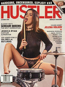 Hustler Magazine cover featuring a woman drummer in black clothing seated at a drum kit with a bold red masthead and adult entertainment cover lines