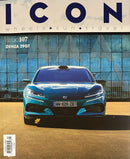 Icon Italian Magazine cover featuring a blue sports car in front of a modern glass building with travel and automotive magazine styling