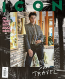 Icon Italian Magazine fashion cover featuring a male model in a stylish interior with bold travel typography and palm tree imagery for a contemporary editorial