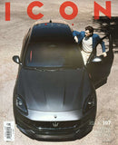 Icon Italian Magazine cover showing a man beside a sleek black sports car with the driver door open and bold red lettering across the top