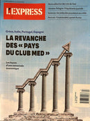 L'Express Magazine cover featuring a stylized illustration of rising classical columns and French headlines about Greece Italy Portugal and Spain