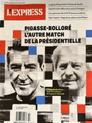L'Express Magazine cover featuring two political figures in a bold black and white collage with red blue and white geometric accents and headline text