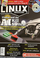 Linux Pro Magazine cover featuring a robotic hand pressing a colorful button with headlines about Firefox and the AI kill switch plus Linux software features and review discs
