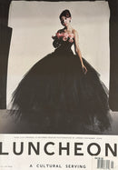 Luncheon Magazine cover featuring a woman in a dramatic black ball gown holding pink flowers with elegant editorial fashion photography and bold magazine typography