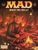 Mad Magazine cover featuring a mischievous red haired character holding a pitchfork beside a blazing campfire in a fiery underworld scene with Magazines branding