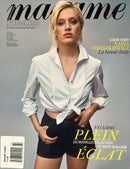 Madame Figaro French Magazine cover featuring a blonde model in a white shirt and dark shorts with French cover lines and fashion headlines