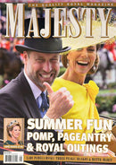 Majesty Magazine cover featuring a smiling man in a top hat and woman in a bright yellow outfit at a royal event with summer fun headlines