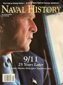 Naval History Magazine cover featuring a close profile of a uniformed man with September 11 25 Years Later and Marine Helicopter Squadron One cover text