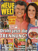 Neue Welt Magazine (Germany) cover featuring smiling celebrities and headlines about love separation health and new relationships in a colorful German magazine layout