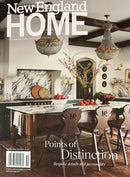 New England Home Magazine cover featuring an elegant marble kitchen with chandeliers dark wood cabinetry and the feature title Points of Distinction