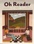 Oh Reader Magazine cover featuring an illustrated train carriage with two women reading beside a scenic mountain window in a colorful vintage style