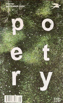 Poetry Magazine cover featuring large white letters on a textured green grass background with a flying white bird and September 2026 cover text