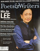 Poets & Writers Magazine cover featuring author Min Jin Lee in a blue shirt with headlines about literary education fiction submissions and writing opportunities