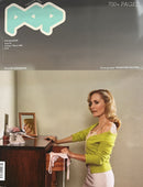 Pop Magazine cover featuring Gillian Anderson in a lime green sweater standing beside a wooden cabinet with a mirror and clothing accessories visible nearby
