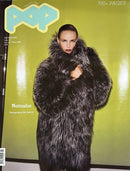 Pop Magazine cover featuring a model in a dramatic black fur coat against a lime green background with 700 plus pages and Natasha cover text