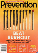 Prevention Magazine cover featuring matchsticks illustrating burnout with headlines about breast cancer screening high protein recipes and sleep oils