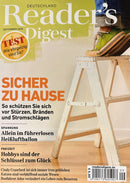 Reader's Digest Magazine German cover featuring a person on a wooden step ladder with headlines about home safety and everyday life magazines