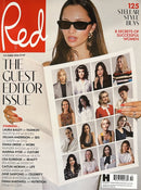 Red UK Magazine cover featuring a woman in sunglasses and a collage of stylish female portraits with guest editor issue headlines and fashion stories