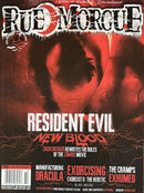 Rue Morgue Magazine cover featuring a red horror design with Resident Evil New Blood cover story and headlines about Dracula exorcising and The Cramps