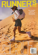 Runners World Magazine cover featuring a runner crossing desert dunes with the headline Find Your Grit and a feature on endurance and durability