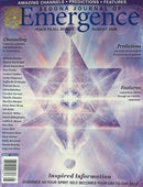 Sedona Journal of Emergence Magazine cover featuring a luminous geometric star design in pastel colors with headlines about channels predictions features and inspiration