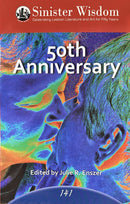 Cover of Sinister Wisdom Magazine 50th Anniversary issue featuring a stylized close-up of two people about to kiss, celebrating lesbian literature and art.