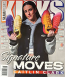 Slam Presents Kicks Magazine cover featuring Caitlin Clark holding colorful sneakers with athlete names and a Signature Moves headline
