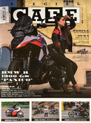 Special Cafe Magazine cover showing a woman seated on a black and red motorcycle with motorcycle feature headlines and smaller story images below