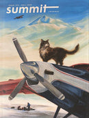 Summit Journal Magazine cover featuring a cat on a vintage propeller airplane with snowy mountains blue sky and tiny hikers in the background