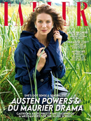 Tatler UK Magazine cover featuring Caitriona Balfe in a blue coat among tall grass with cover lines about Austen Powers and Du Maurier drama