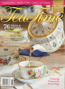 Tea Times Magazine cover featuring a floral teapot pouring tea into a matching teacup with summer recipes and elegant table settings for tea lovers