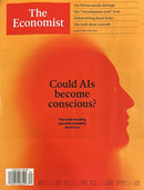 The Economist Magazine cover in orange and red featuring a human profile silhouette and the headline Could AIs become conscious with magazine cover details above