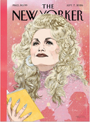 The New Yorker Magazine cover featuring an illustrated blonde woman with long curly hair holding a yellow book against a pink background