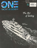 The One Yacht & Design Magazine cover featuring a white luxury yacht sailing across dark water with The Art of Sailing headline and colorful title lettering