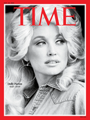 Time Weekly Magazine cover featuring a black and white portrait of Dolly Parton with red TIME lettering and a bold red border for this iconic magazine issue