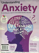 Understanding Anxiety Magazine cover featuring a purple head silhouette filled with words about stress overthinking panic and fear plus wellbeing advice