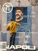 Undici Magazine cover featuring a person in a yellow hoodie viewing a mural portrait on a blue wall with bold Napoli lettering and editorial typography