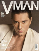 V Man Magazine cover featuring a male model in a cream jacket with bold V MAN lettering and Fall Winter 2026 issue details for fashion magazines