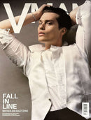 V Man Magazine cover featuring a male model in a white shirt and jacket with Fall In Line cover text and Winter 2026 issue details