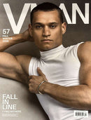 V Man Magazine cover featuring a male model in a white sleeveless top with Fall Winter 2026 issue 57 and Tyro Withers cover text from Magazinecafe