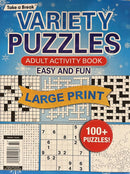 Variety Puzzles Magazine cover featuring a large print adult activity book with crossword sudoku word search and logic puzzles and over 100 puzzles