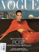 Vogue Australia Magazine cover featuring Rosie Huntington Whiteley in a red outfit with Sydney Harbour and the Opera House plus summer fashion headlines