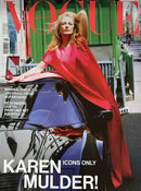 Vogue Germany Magazine cover featuring Karen Mulder in a vivid red gown leaning on a glossy car with bold cover lines and an urban street background