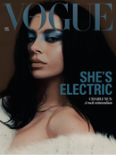 Vogue magazine cover featuring a woman with dramatic makeup and text 'She's Electric' and 'Charli XCX'.