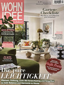 Wohn idee Magazine cover featuring a bright modern living room with plants stylish furniture and gardening checklist headlines for home inspiration and magazines