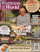 Woman's World Weekly Magazine cover featuring a smiling woman with fall issue headlines recipes wellness advice and Labor Day cookout ideas